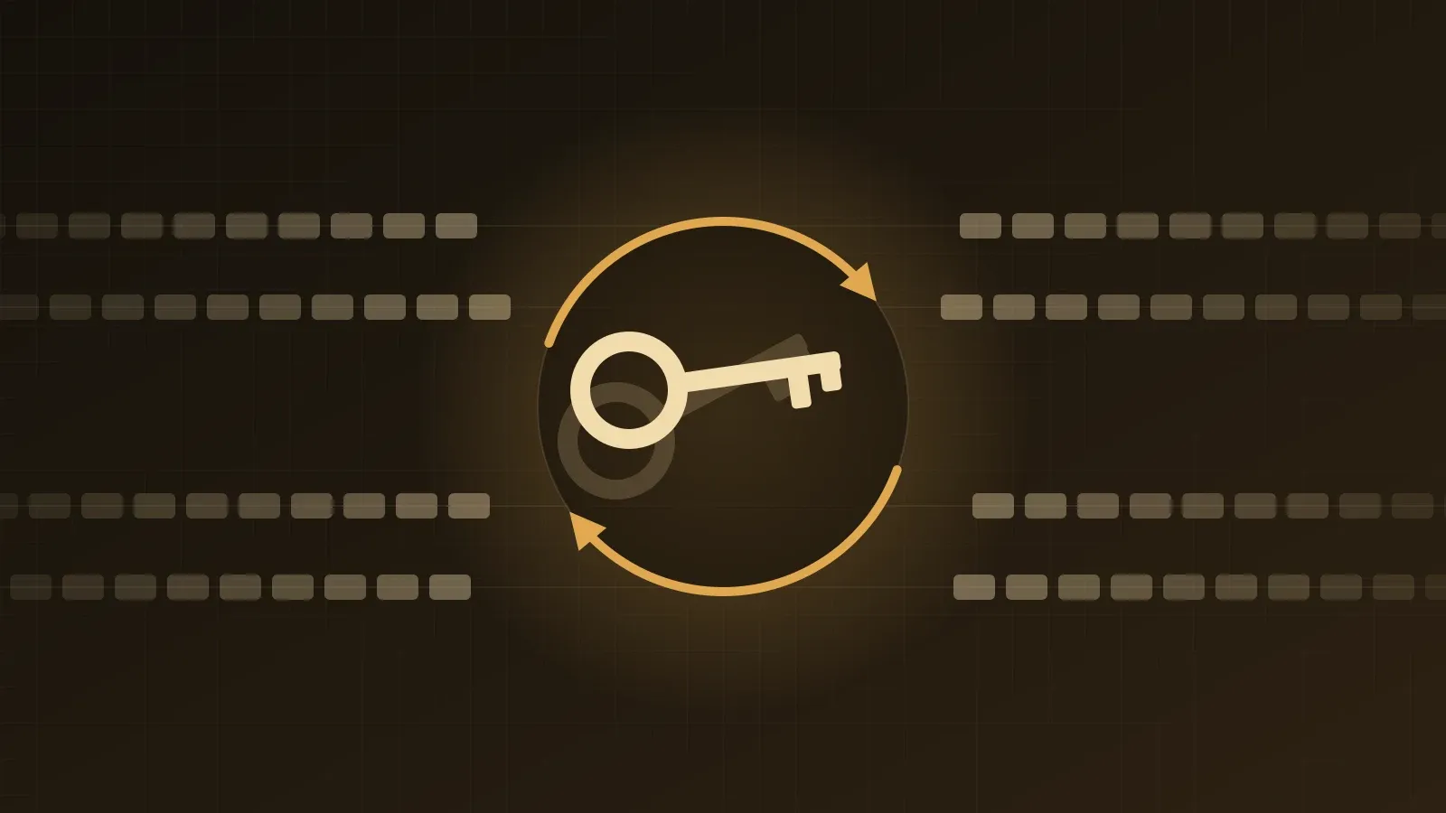 A new key replacing an old one inside rotation arrows, with Kafka partition logs streaming past on both sides